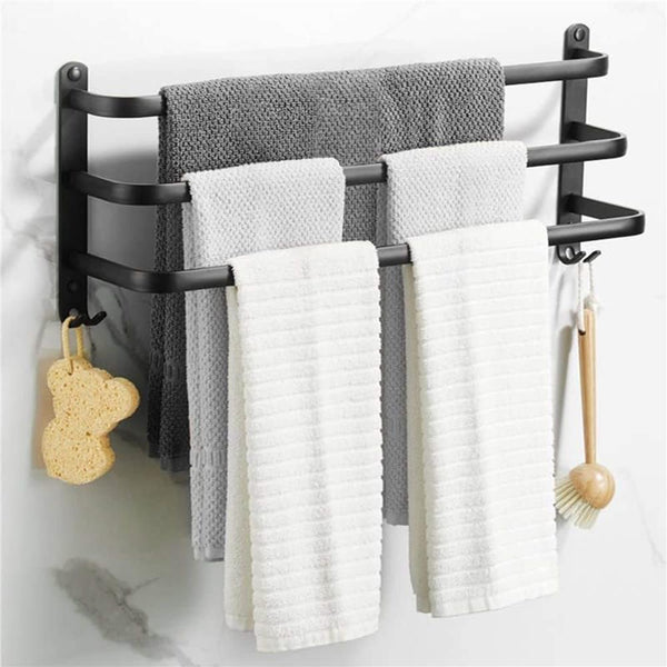 Suport prosoape pentru baie cu 2 sisteme de instalare, 3 brate, din aluminiu, 49x25cm, negru