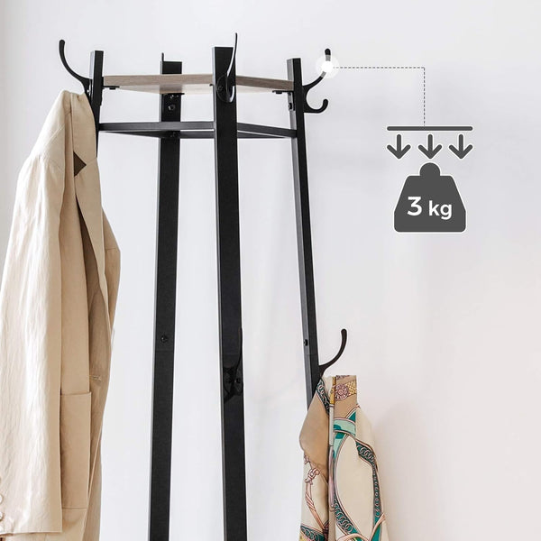 VASAGLE Cuier de haine cu 3 rafturi, suport cu carlige, din otel, 43x43x180 cm, stil industrial, gri si negru