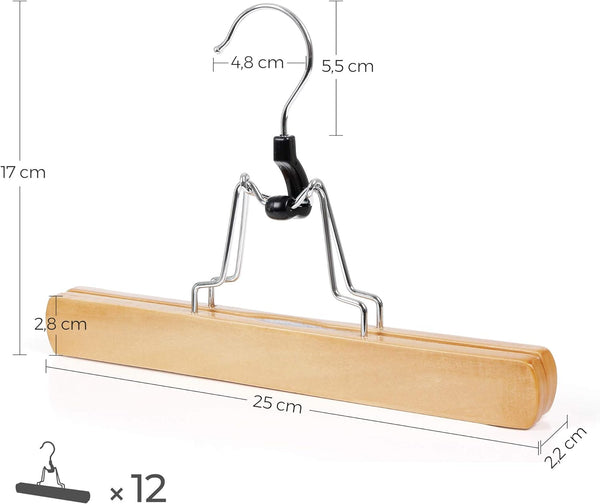 SONGMICS Set de 12 umerase din lemn pentru pantaloni, carlig antiderapant rotativ, 25cm, natural