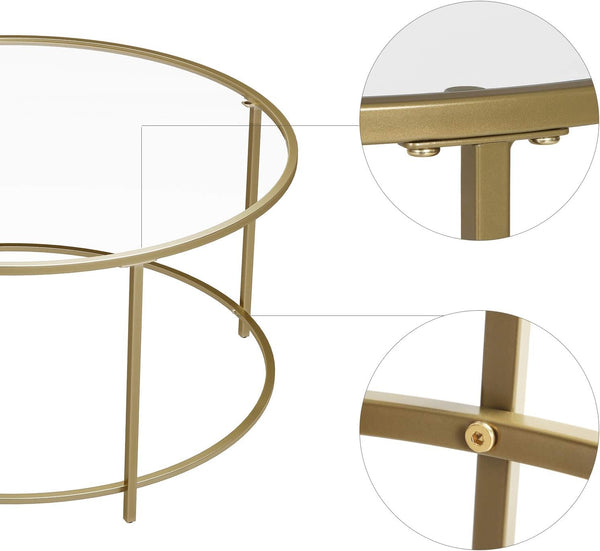 VASAGLE Masa de cafea rotunda, din sticla securizata cu cadru metalic, 84x84x45cm, auriu
