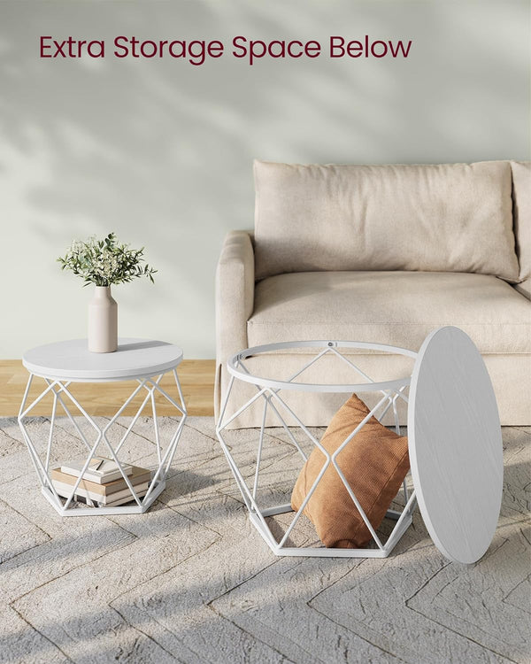 VASAGLE Set de 2 mese de cafea rotunde, cadru otel si blat detasabil, 40cm si 50cm, alb