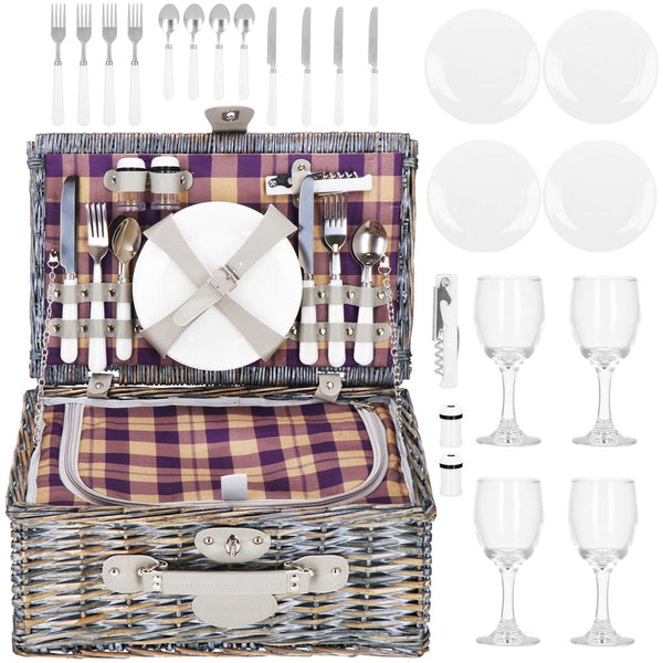 Cos de picnic echipat pentru 4 persoane Deluxe, din rachita, cu vesela si tacamuri, izolat termic, gri