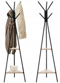 Cuier hol, metalic, 2 rafturi MDF, design minimalist, 180 cm, negru