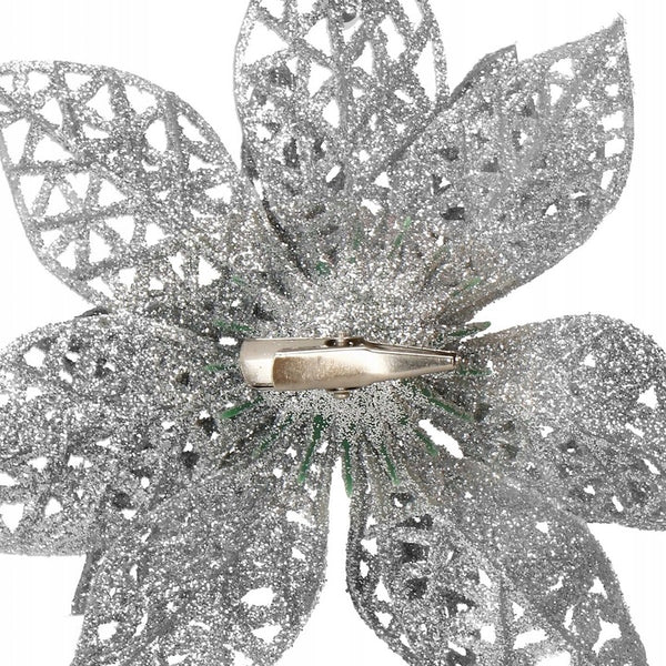 Set 10 ornamente pentru bradul de Craciun, stea Poinsettia, 10cm, argintiu