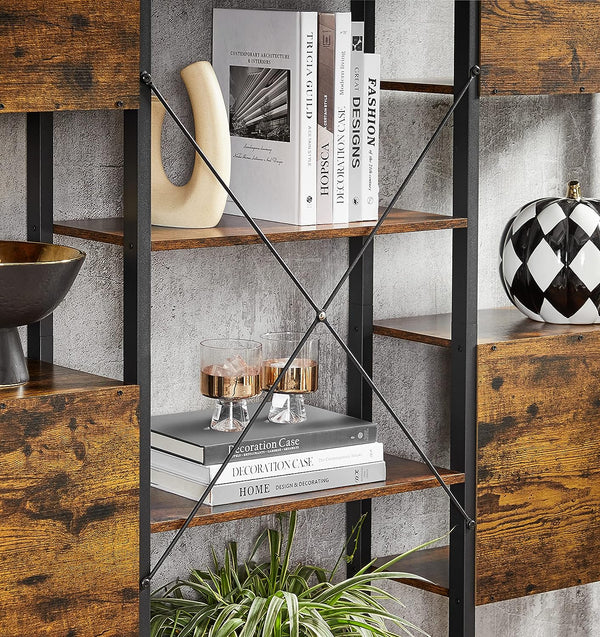 VASAGLE Biblioteca cu 14 rafturi din lemn, cadru metalic, 24x158x166cm, stil industrial, maro rustic si negru