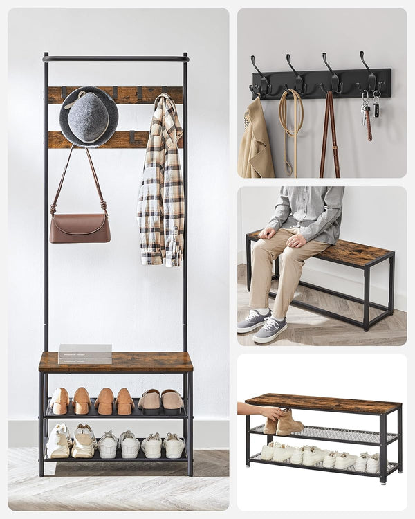 VASAGLE Cuier cu rafturi depozitare pantofi si ​​bara suspendata, industrial, 32x64x180 cm, maro rustic si negru
