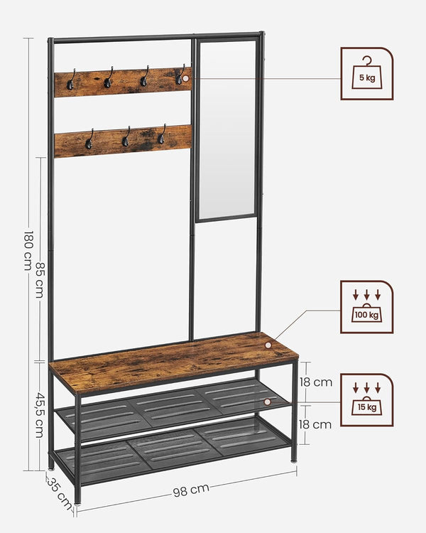 VASAGLE Cuier cu rafturi depozitare pantofi si ​​oglinda, industrial, 35x98x180 cm, maro rustic si negru