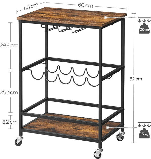 VASAGLE Carucior de servire pe roti, cu suport pentru sticle si pahare de vin, 40x60x82cm, Industrial, Vintage Maro/Negru