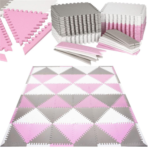 Covor din spuma pentru copii, tip puzzle triunghiuri, 96 piese,186×186 cm, gri roz