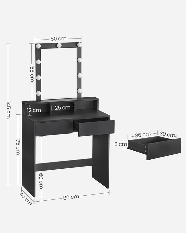 VASAGLE Masa de toaleta cu iluminare LED, cu oglinda, luminozitate reglabila, cu 2 sertare, 80x40x145cm, negru