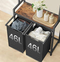 VASAGLE Cos de rufe, 2 compartimente, saci de rufe detasabili, 2 rafturi, tija umerase, 2x46L, 73x33x177cm, maro rustic