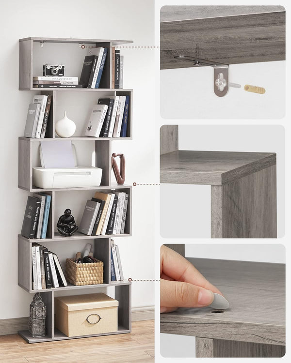 VASAGLE Biblioteca, raft cu 6 unitati de depozitare, pentru living, din lemn, 24x190x70cm, gri stejar