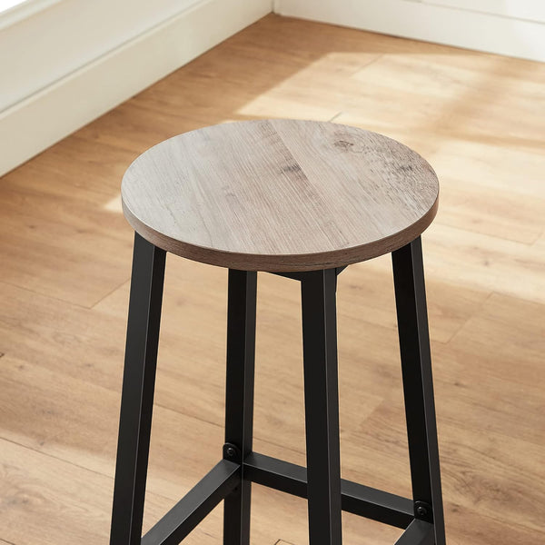 VASAGLE Set 2 scaune bar inalte, sezut rotund, cadru din otel, inaltime 65 cm, stil industrial, gri