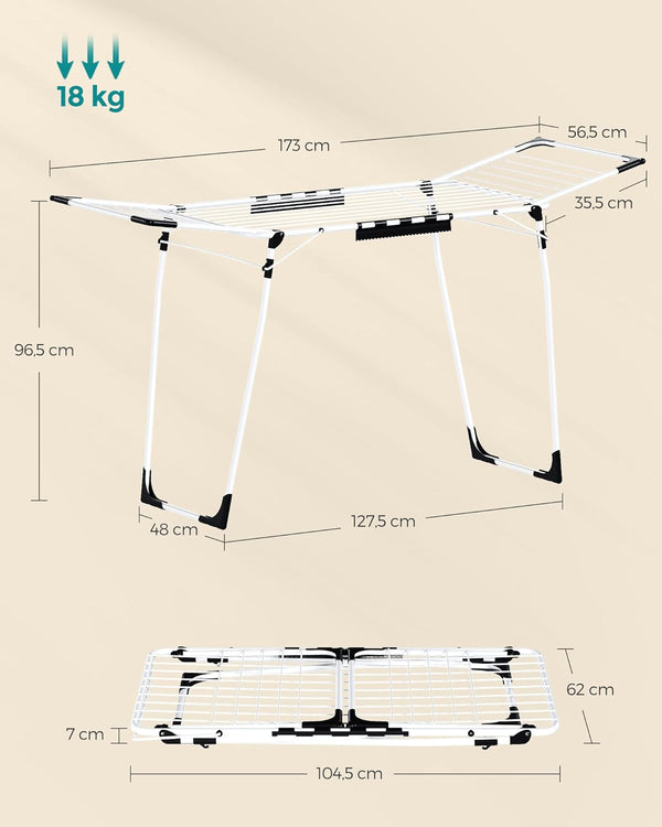 SONGMICS Uscator de rufe pliabil, capacitate intindere haine 18 metri, 57x173x97 cm, alb