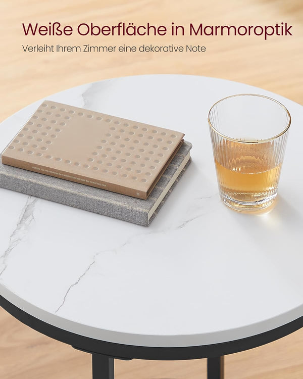 VASAGLE Masa rotunda, cu cadru de otel, noptiera, 45x55cm, negru cu blat alb aspect marmura