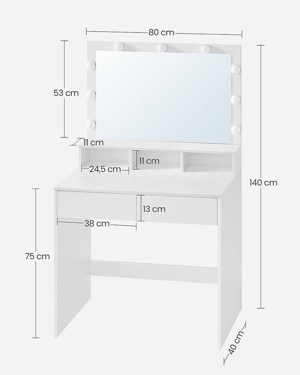 VASAGLE Masa de toaleta cu oglinda, iluminare LED, 2 sertare si 3 compartimente deschise, 80x40x140cm, modern, alb