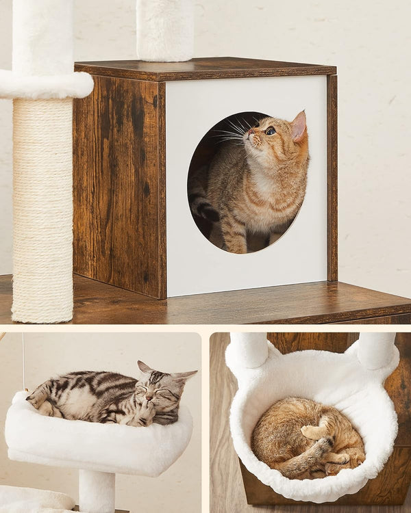 FEANDREA Mobilier 2 in 1 pentru pentru pisici cu cusca, ascunzatoare si loc de joaca, 58x50x140cm, maro vintage