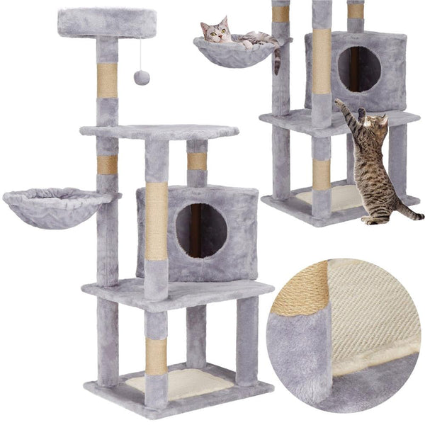 Ansamblu de joaca pentru pisici, cu loc pentru zgariat, ascuns, culcus, minge, 124cm, gri