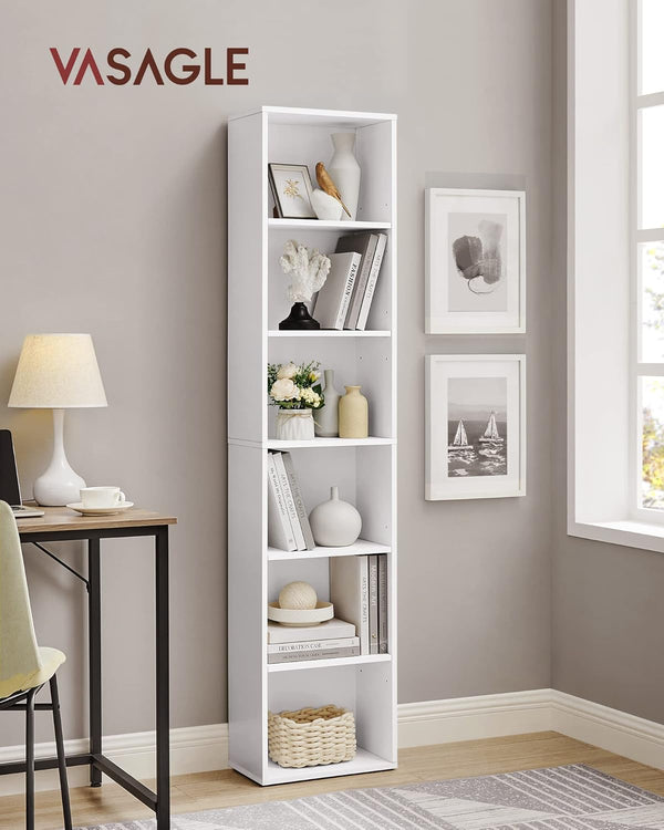 VASAGLE Biblioteca verticala 40x24x179 cm, 6 rafturi din care 4 reglabile, PAL alb mat
