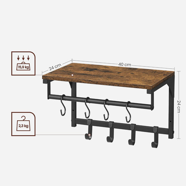 VASAGLE Cuier perete cu 8 carlige si polita, 40x24x24 cm, maro rustic si negru