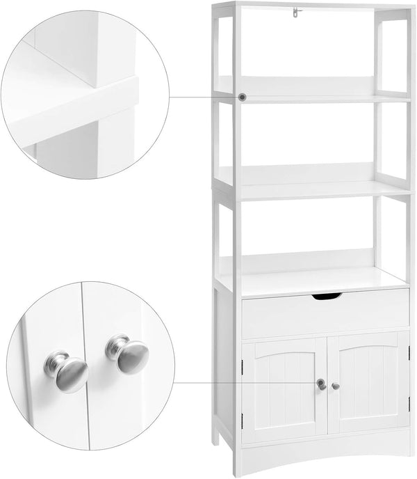 VASAGLE Dulap inalt baie cu 3 rafturi, 1 sertar si 1 dulap, din MDF, 60x33x154 cm, alb