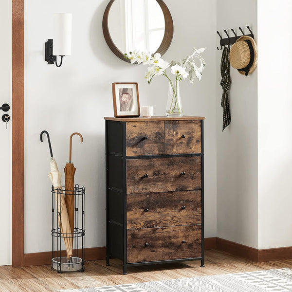 SONGMICS Comoda cu 5 sertare 56x30x89 cm, cadru metalic si blat MDF, manere lemn, maro rustic si negru