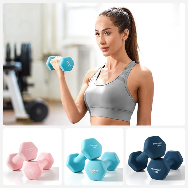 SONGMICS Set de 6 gantere hexagonale cu suport, 2x1 kg 2x2 kg 2x3 kg, multicolor