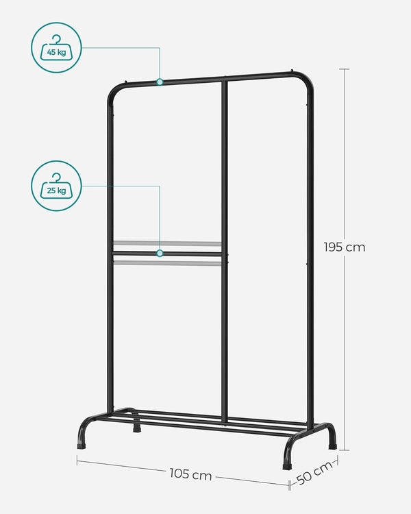 SONGMICS Stativ haine metalic 105x50x195 cm, cu bara ajustabila si 3 niveluri de depozitare, otel, negru