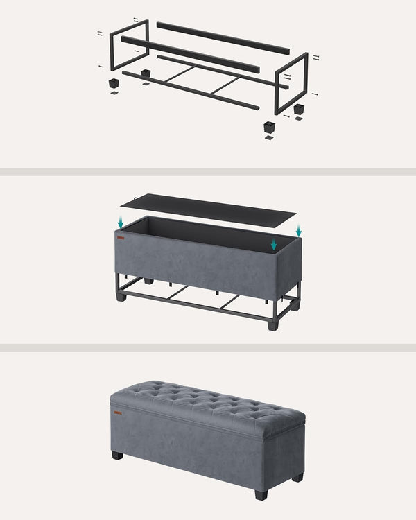 SONGMICS Banca cu spatiu de depozitare 110x40x40 cm, 103 litri, tapitata cu catifea, MDF si spuma, gri