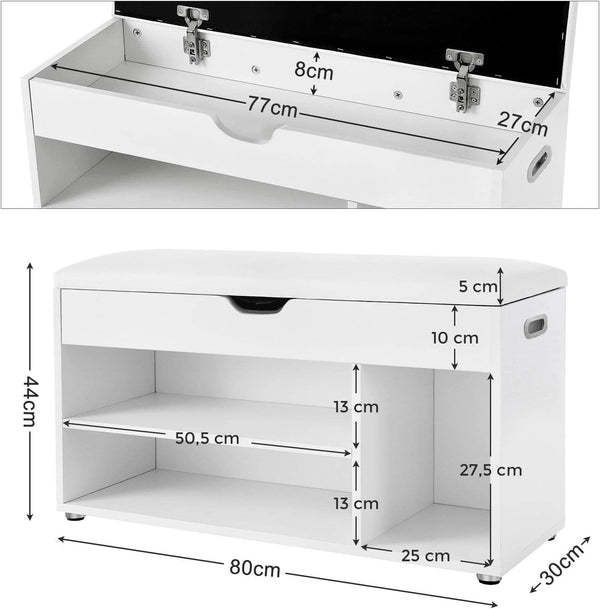 VASAGLE Pantofar cu banca, capitonata, 3 compartimente, sarcina 150 kg, 30x80x44cm, modern, alb