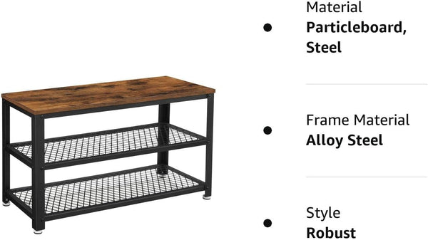 VASAGLE Raft pentru pantofi cu 2 polite, 73x30x45cm, otel, stil industrial, maro rustic si negru