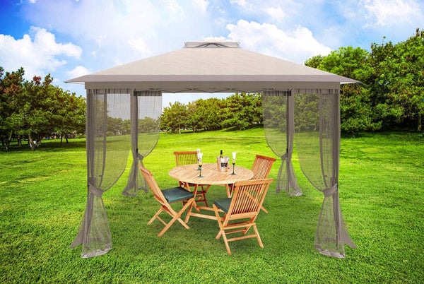 Cort pavilion de gradina tip pergola, automat pop-up, 300×300 cm, cu 4 pereti laterali cu plasa, impermeabil cu rezistenta UV, bej