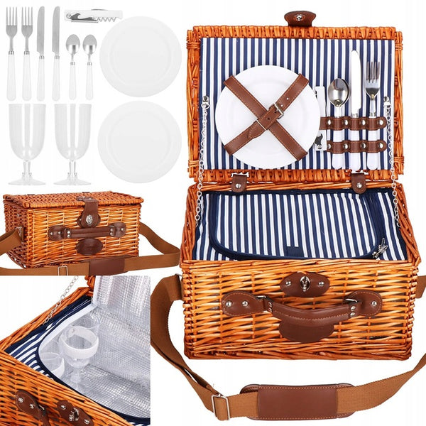 Cos de picnic echipat pentru 2 persoane Deluxe, din rachita, cu vesela si tacamuri, frigorific