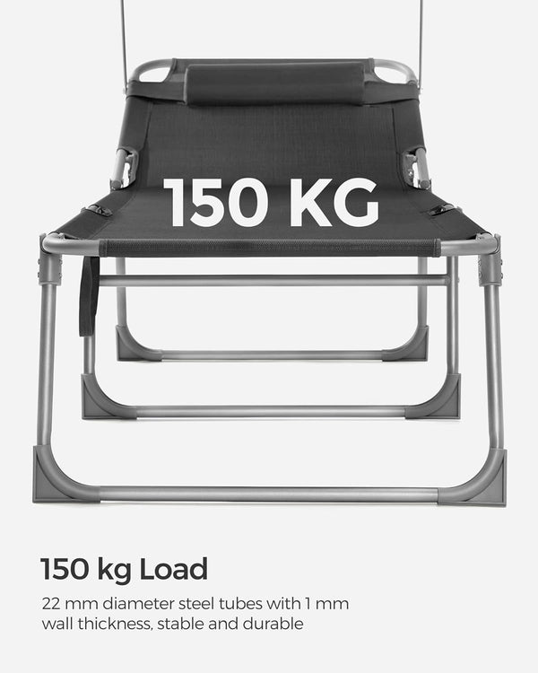 SONGMICS Sezlong pliabil, cu parasolar si tetiera, spatar reglabil in 4 pozitii, maxim 150kg, 193x53x29cm, gri
