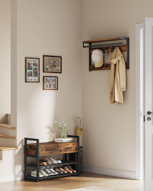 VASAGLE Cuier cu polite de depozitare pantofi si 2 sertare, cadru din otel, stil industrial, 30x80x182cm, maro rustic
