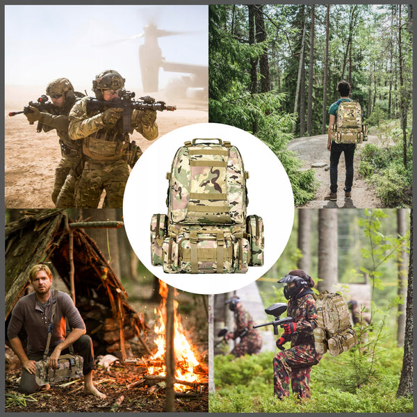 Rucsac militar pentru drumetie, impermeabil, ultra usor, 4 in 1, 50litri, culoare combat camuflaj