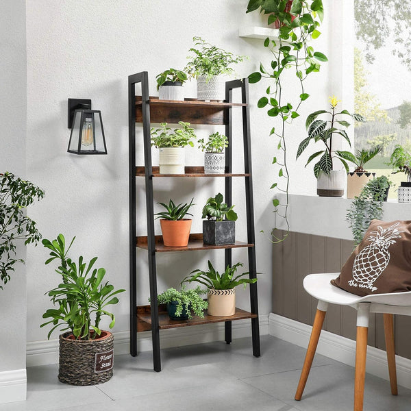 VASAGLE Biblioteca tip scara, cadru otel cu 4 polite din MDF, stil industrial, 56x34x138cm, maro rustic si negru