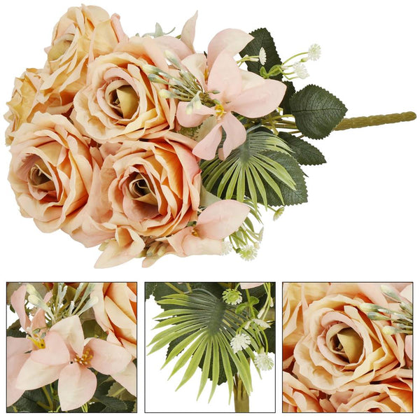 Buchet de flori artificiale din poliester, 9 fire trandafiri, 40cm, roz