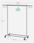 SONGMICS Suport pentru haine cu sina superioara extensibila, pe roti, reglabil pe latime, 45x(92-132)x160cm, inox argintiu
