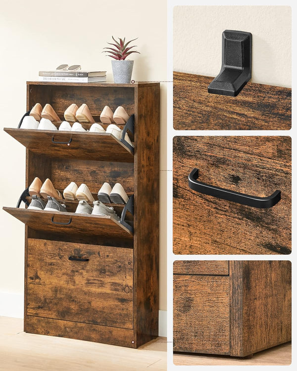 VASAGLE Dulap pantofi cu 3 usi rabatabile, din lemn, pentru 12-18 perechi, 60x24x120cm, maro rustic