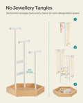 SONGMICS Stand organizator de bijuterii, cu cadru metalic, suport cercei, bratara, colier, inele, 18x21x36cm, alb