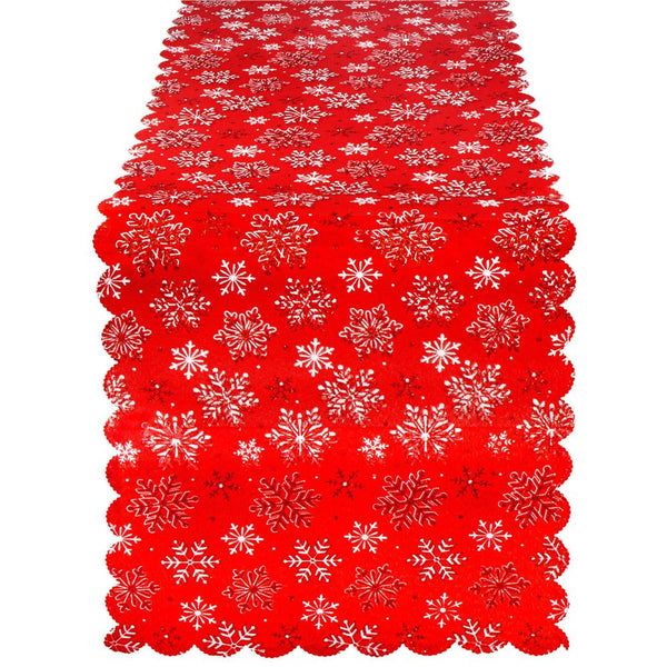 Fata de masa pentru decor, cu motive de Craciun, din stofa, 34x187cm, rosu