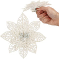 Set 10 ornamente pentru bradul de Craciun, stea Poinsettia, 14cm, alb cu sclipici