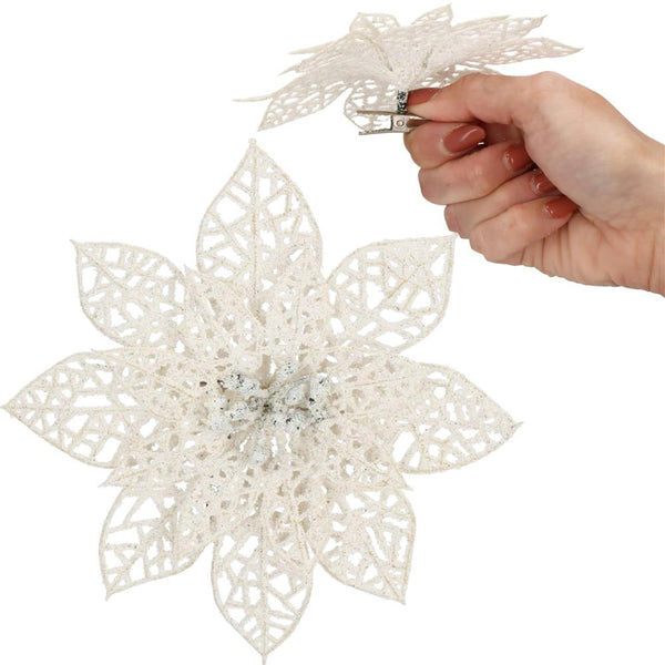 Set 10 ornamente pentru bradul de Craciun, stea Poinsettia, 14cm, alb cu sclipici