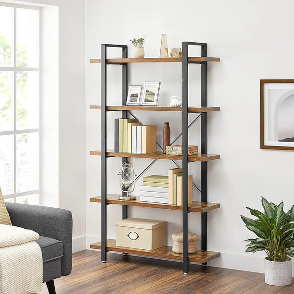 VASAGLE Biblioteca cu 5 rafturi, cadru din otel si rafturi din PAL, 105x34x178cm, maro rustic si negru