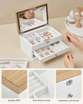 SONGMICS Cutie de bijuterii cu 3 nivele, 2 sertare, capac cu oglinda, 17x25x15cm, alb si maro