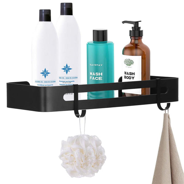 Raft de baie cu 2 agatatori, 2 sisteme instalare pe perete, aluminiu, 32x12x4cm, negru