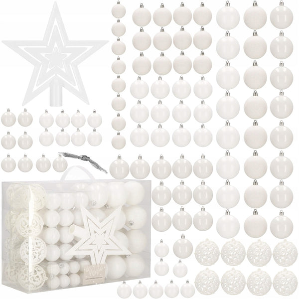 Set globuri si decoratiuni de Craciun, 100 piese, diverse dimensiuni cu stea, alb