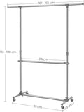 SONGMICS Suport pentru haine cu sina superioara extensibila, pe roti, reglabil in inaltime 113-198cm, argintiu