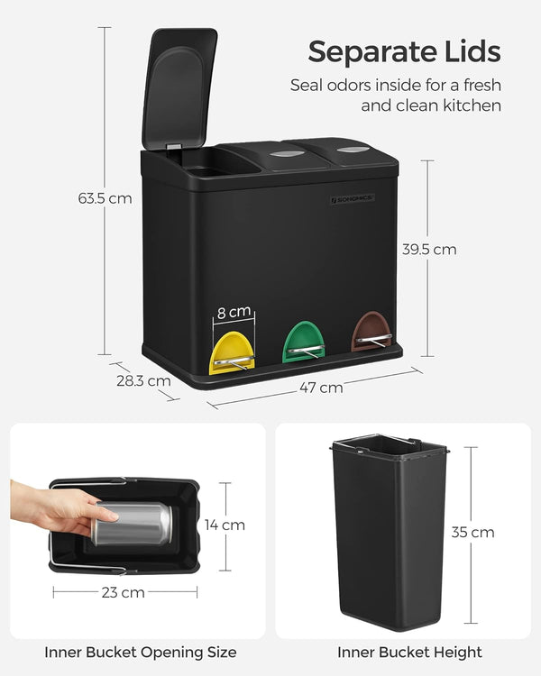 SONGMICS Cos de gunoi din otel cu 3 compartimente colectare selectiva, cu galeti interioare, 3x8litri, negru mat